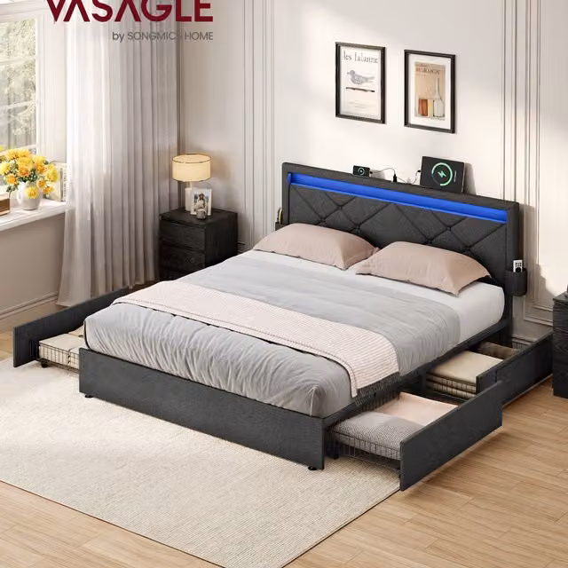 VASAGLE King Platform Bed with Storage Drawers, LED Headboard and USB Charging Port, Grey