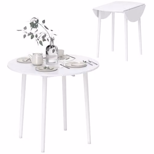 HOMCOM Modern Round Folding Dining Table for 4, White Drop Leaf Extendable Table – 1