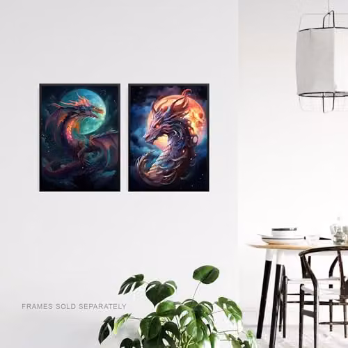Artery8 Set of 2 Modern Mythical Dragon and Full Moon Fantasy Serpent Wall Art Prints, Multicolour, A4 – 2
