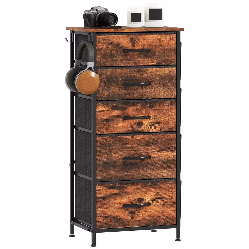 FURNOS Industrial 5 Fabric Drawer Chest Storage Unit in Rustic Brown, W/D/H: 94.5 x 30 x 45 cm – 4