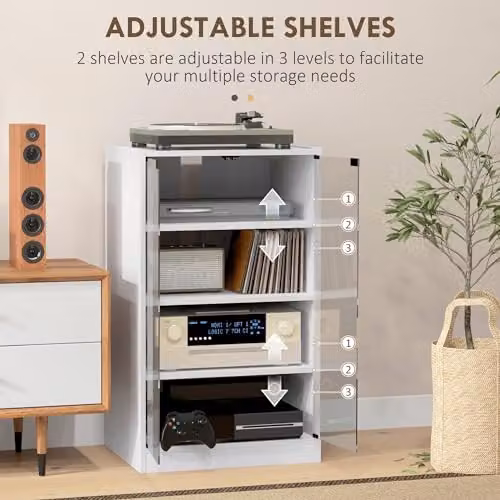 HOMCOM Modern White Hi-Fi Stand with Glass Doors and Internal Shelves W/D/H: 91 x 40 x 54 cm – 3