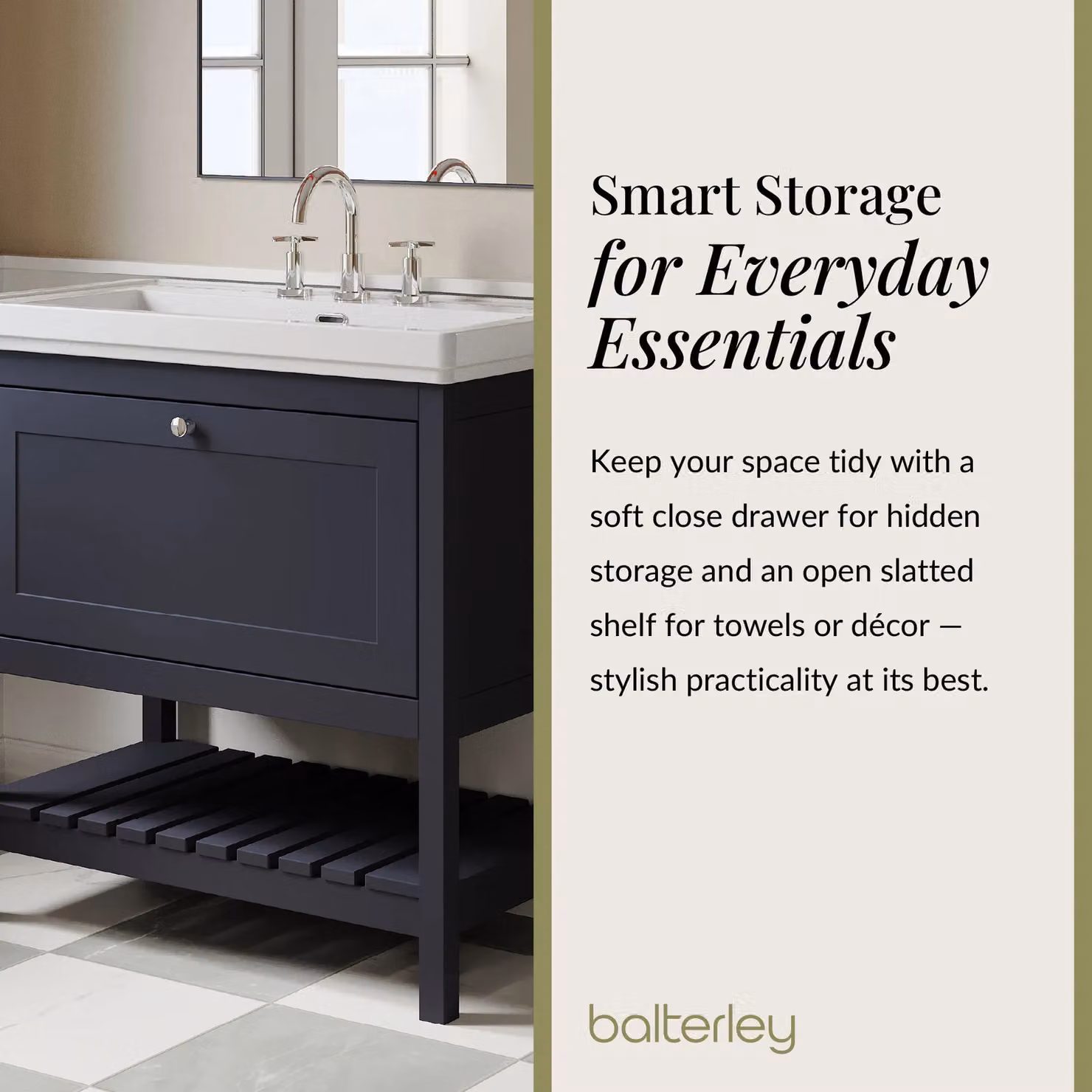 Balterley Blue Freestanding Bathroom Floor Vanity with 1 Drawer and 3 Tap Hole Fireclay Basin, W: 80 cm – 4