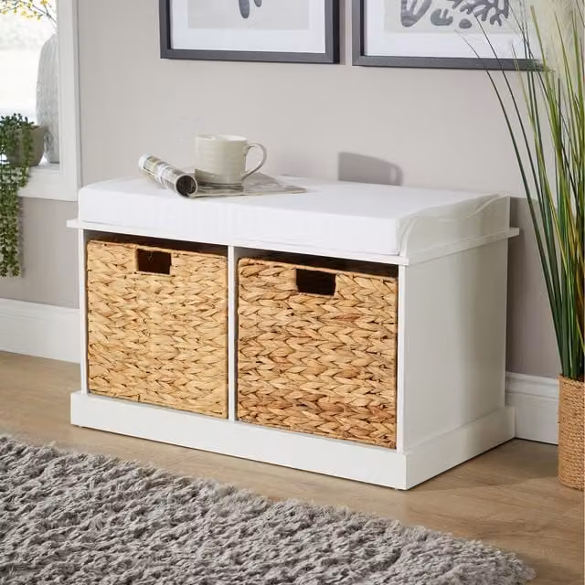 Home Source Lapworth Hallway Storage Bench with Rattan Drawers in White