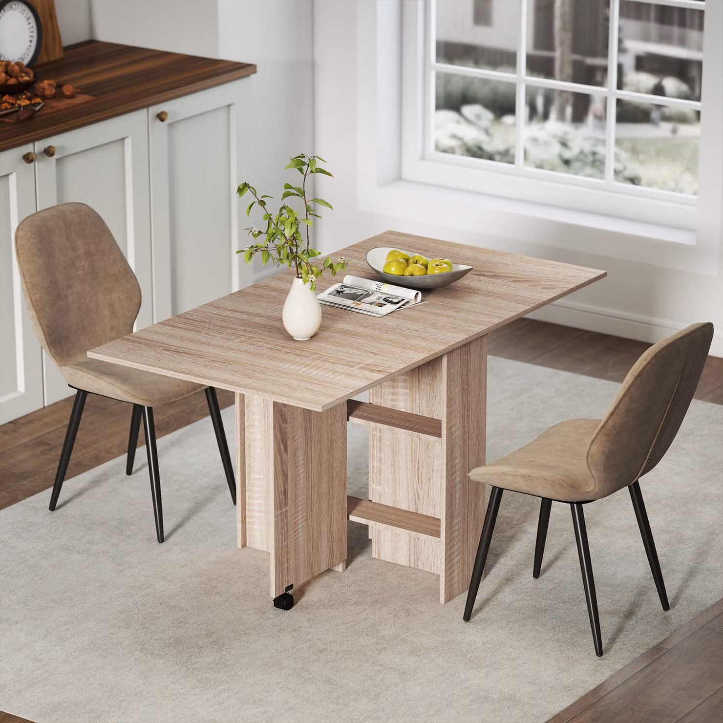 HOMCOM Dining Table Set with 2 Velvet Upholstered Chairs and Storage Shelves in Brown – 2