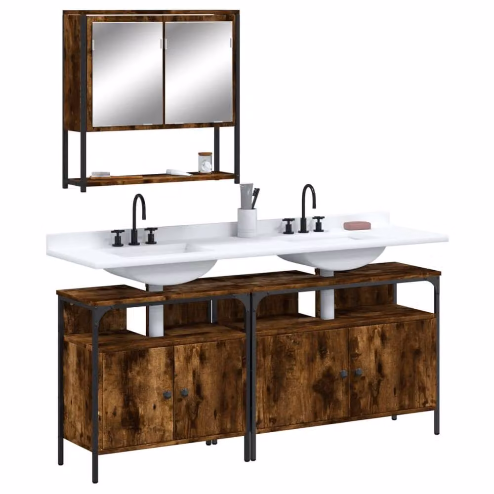 Berkfield Home 3 Piece Industrial Bathroom Furniture Set in Brown Smoked Oak – 2