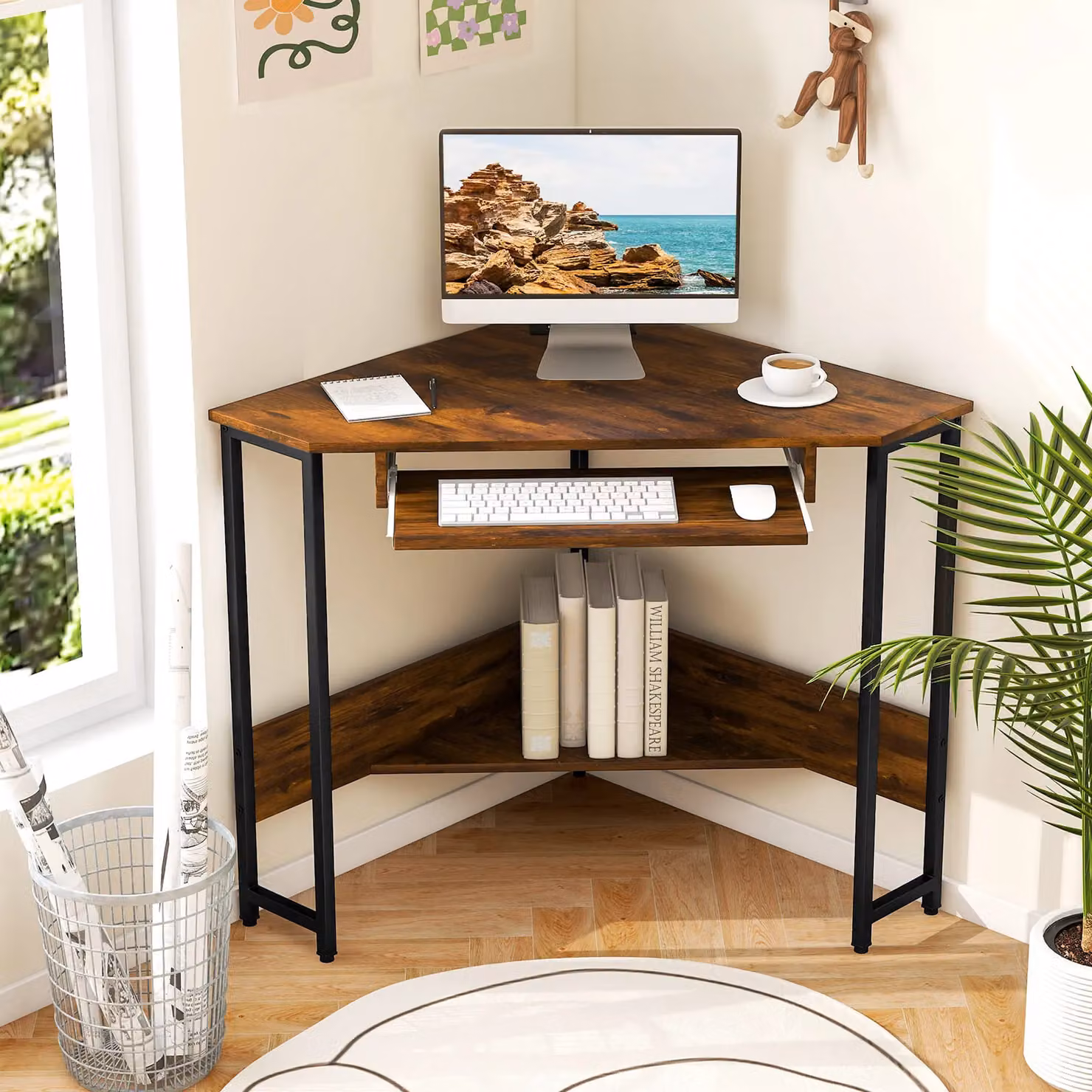 Gymax Industrial Corner Desk Workstation with Power Outlets, Keyboard Tray and Storage Shelf in Brown – 5