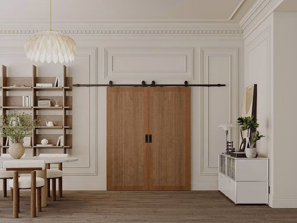 Vente-unique Double Sliding Pocket Door System in Dark Natural Walnut MDF – 2
