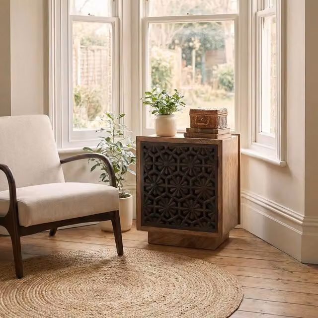 FurnitureboxUK Rainier Square Walnut and Mango Wood 1 Door Decorative Side Table in Brown – 1