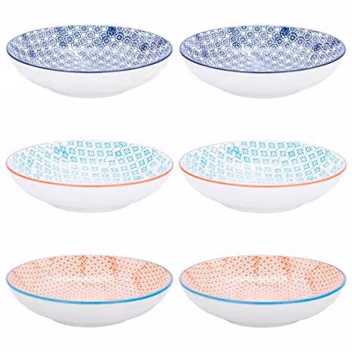 Nicola Spring Multicolour Floral Patterned Porcelain Pasta Bowls, Pack of 6, Diameter: 22 cm
