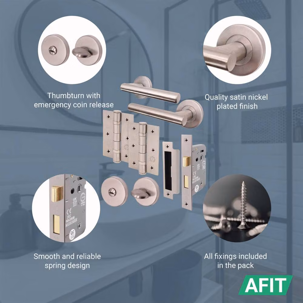 AFIT Satin Silver Bathroom Door Handle with WC Lock and Hinges, T-Bar Design, W/D/H: 15.0 x 15.0 x 15.0 cm – 2