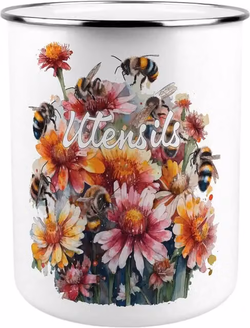 Purely Home Flowers & Bees Ceramic Kitchen Utensil Holder in Multicoloured and White