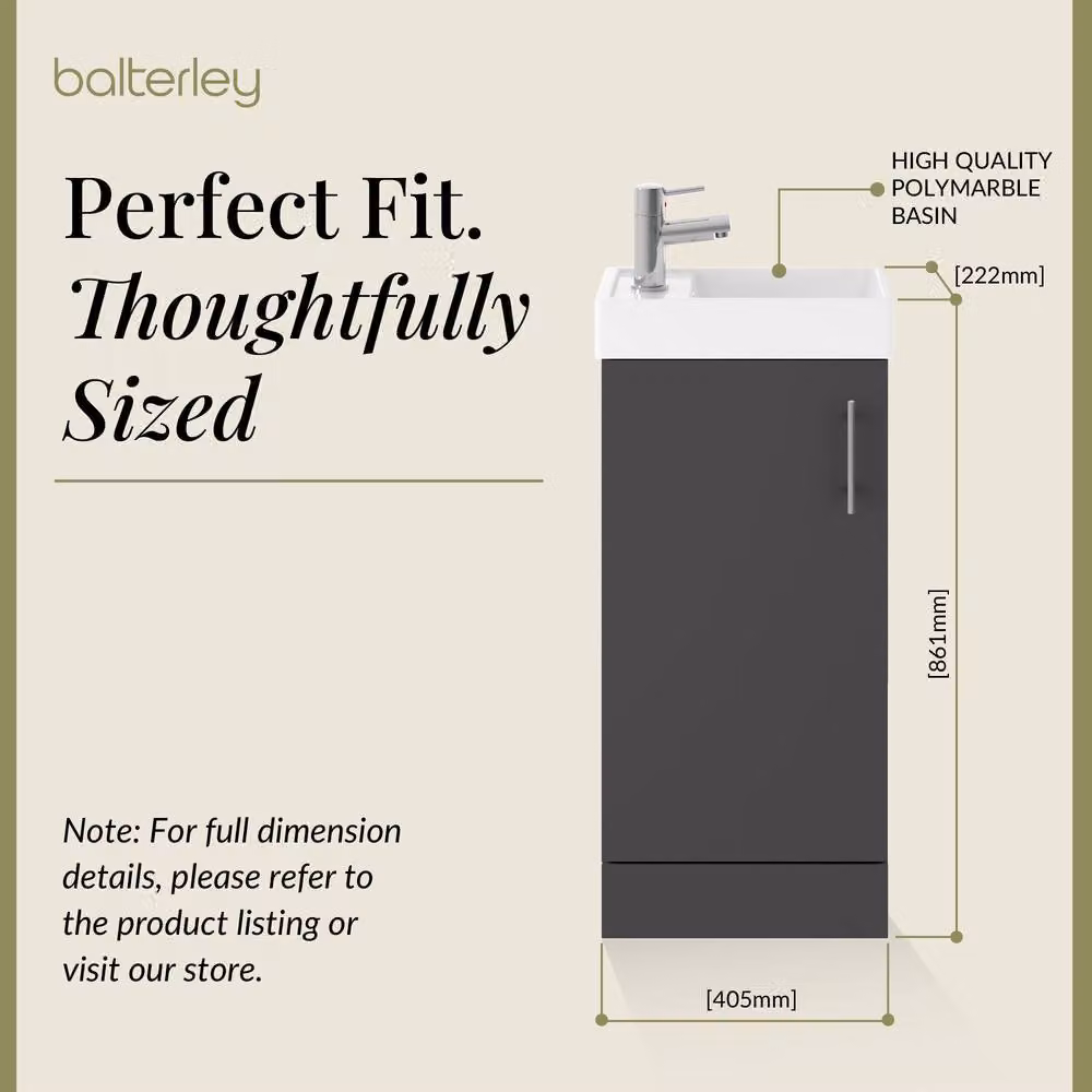 Balterley Saint Contemporary Gloss Grey Floor Standing Bathroom Vanity Unit with Rectangular Basin and Soft-Close Door W/D/H: 40.5 x 22.2 x 86.1 cm – 3