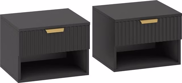 HOMCOM Set of 2 Modern Wall Mounted Floating Nightstands in Matt Black and Gold with Soft Close Drawers