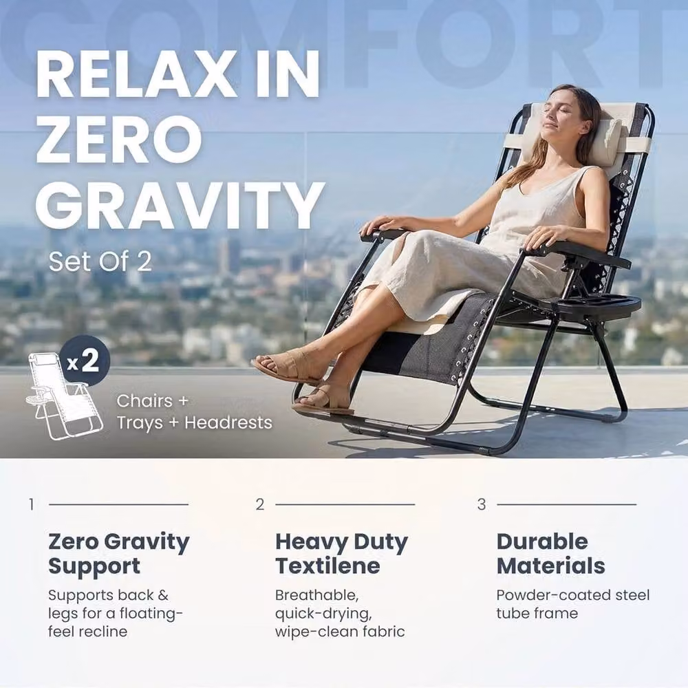 FLAVORA Set of 2 XXL Padded Zero Gravity Reclining Sun Loungers in Beige with Adjustable Headrest – 4