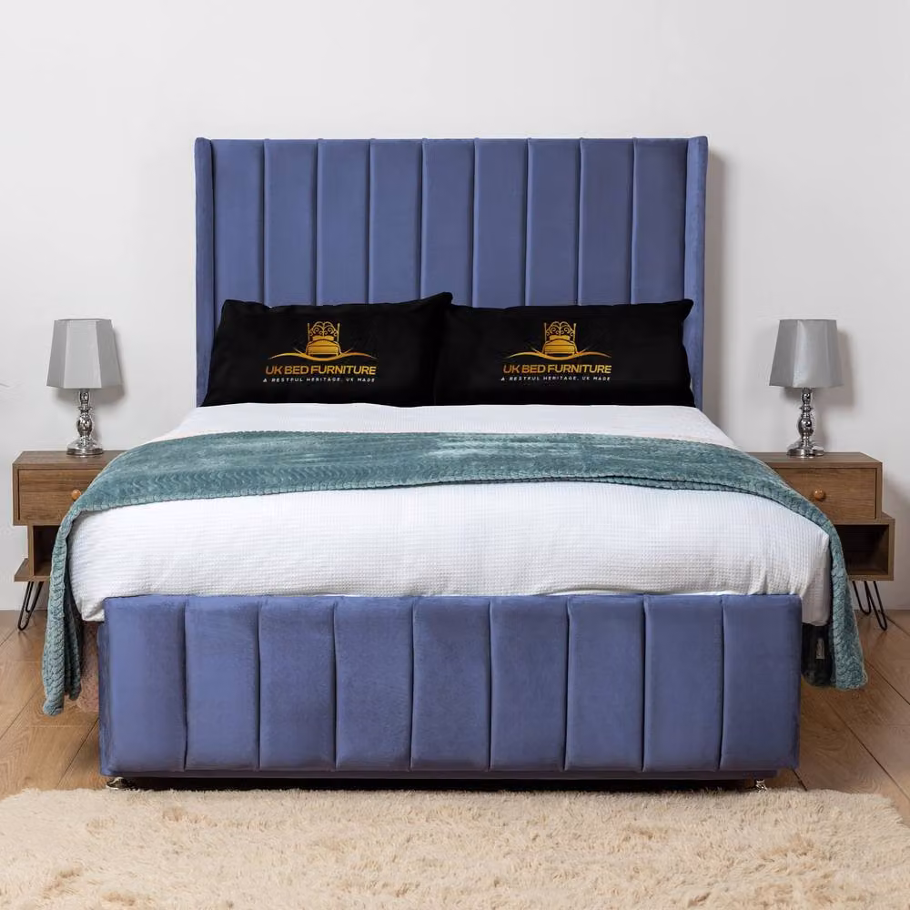 UK Bed Furniture Arizona Blue Wingback Divan Double Bed with 54 Inch Headboard and 2 Foot End Drawers, W/D/H: 140 x 200 cm – 2