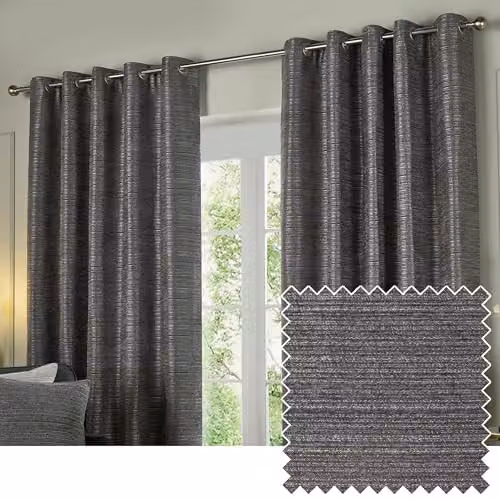 Paoletti Jupiter Grey Chenille Jacquard Eyelet Curtains, Pair, H 229 cm x W 229 cm