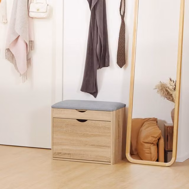 HOMCOM Upholstered Shoe Storage Bench with Cabinet in Natural Wood Effect