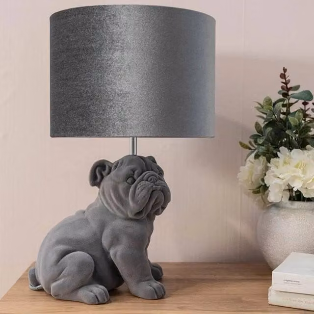 PAWNORA Grey Velvet Bulldog Table Lamp with Fabric Cylinder Shade – 1