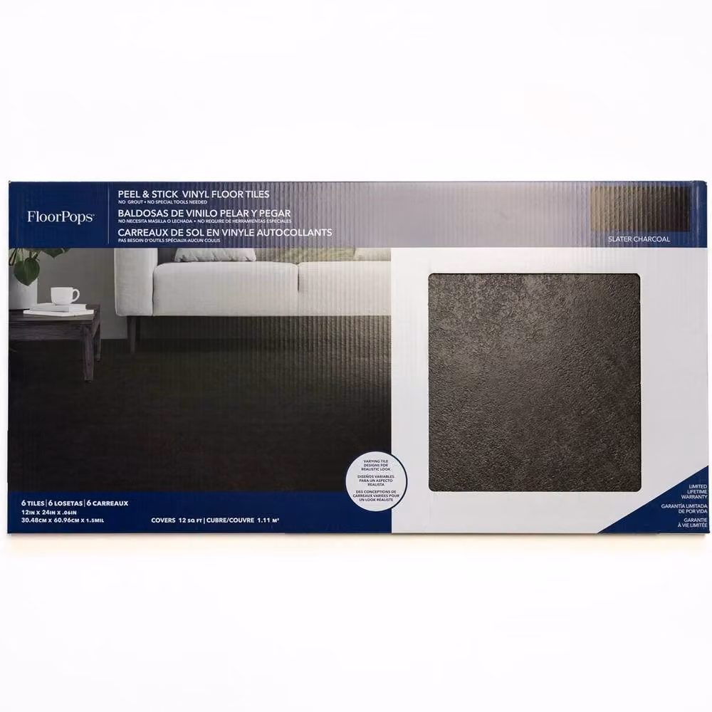 FloorPops Slater Self Adhesive Vinyl Floor Tiles, Dark Grey, Pack of 6 (1.12sqm), W: 30.5 cm, D: 60.96 cm – 2