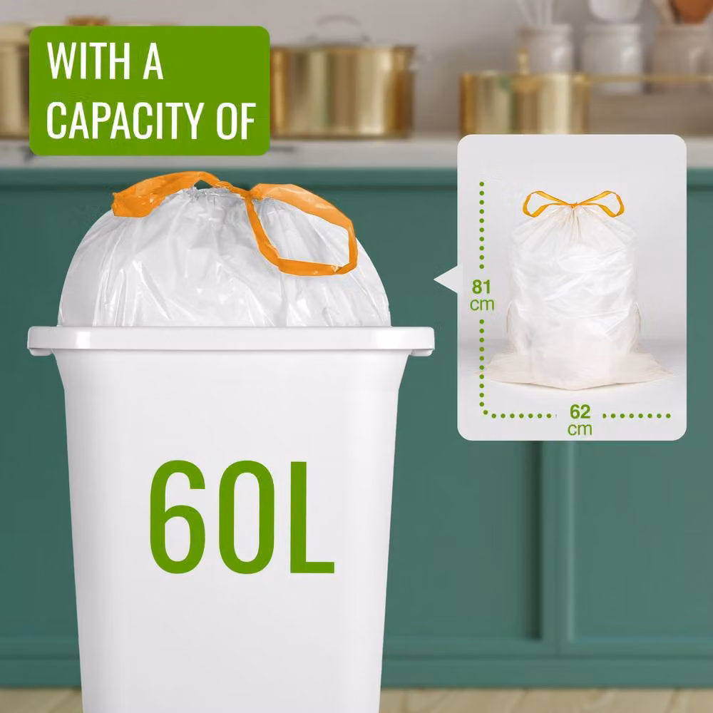 EcoBag White Heavy Duty Drawstring Kitchen Bin Liners, 100 Pack, 50-60L, W: 62.0 cm, H: 81.0 cm – 2