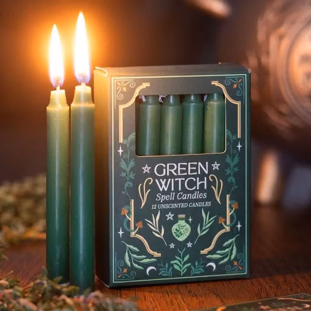 KDMK Pack of 12 Unscented Green Taper Ritual Candles made from Paraffin Wax