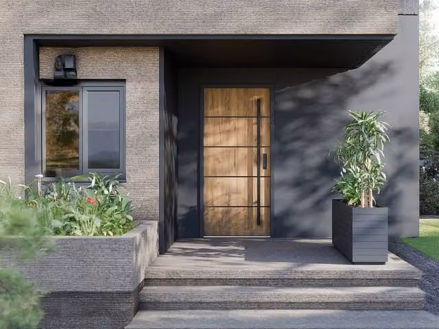 Lusada Modern Steel and Stainless Steel Front Door with Glass Insert, Light Oak Effect, H: 207 cm, W: 100 cm – 1