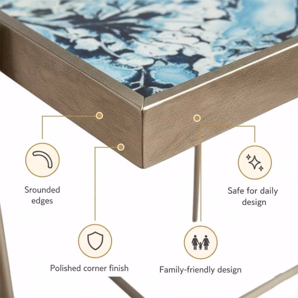 Minster Stylish Living Ltd Set of 2 Square Marble-Effect Tray Top Tables with Gold Metal Frames – 6