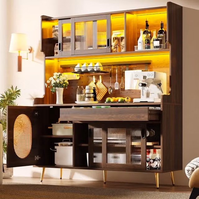 Aosom UK Country Style Sideboard with App-Controlled LED Light Strip, Brown, W: 145 cm, D: 39 cm, H: 171 cm – 1