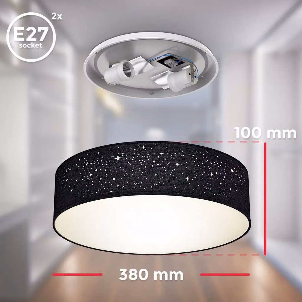 B.K.Licht Black Fabric Ceiling Light with Star Effect, 2 x E27, max. 40W, W/D/H: 38 x 38 x 10 cm – 5