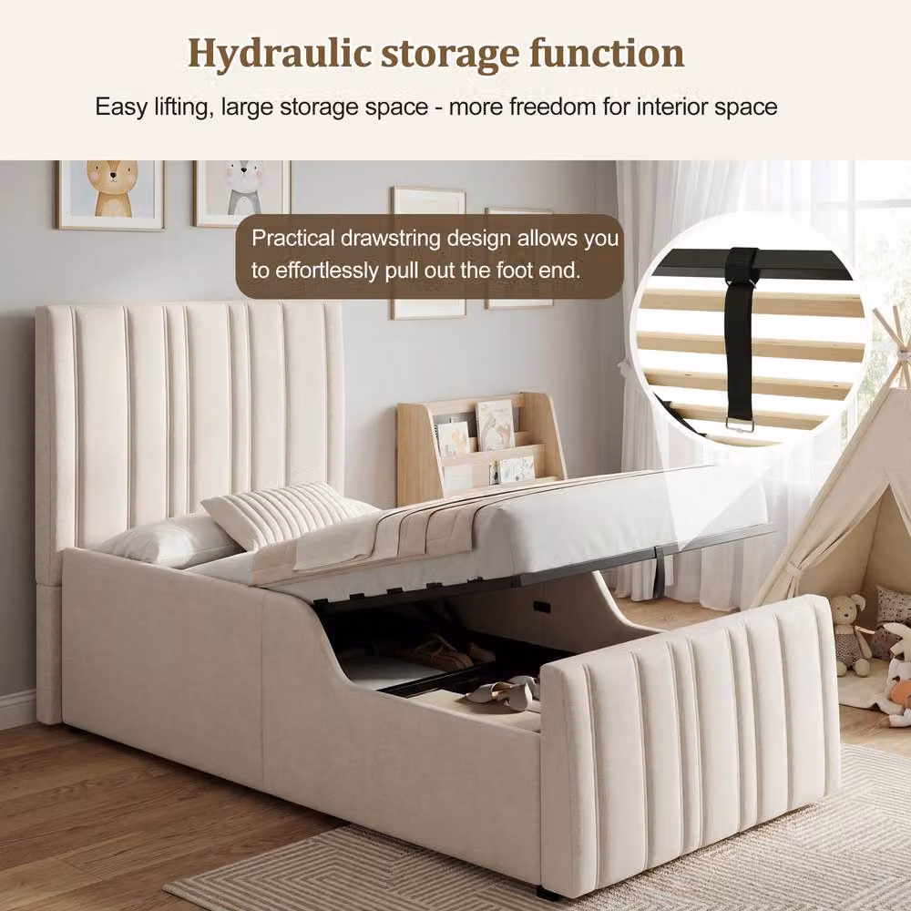 BTM Single Upholstered Hydraulic Storage Bed Frame in Beige Linen, W/D/H: 90 x 190 cm – 3