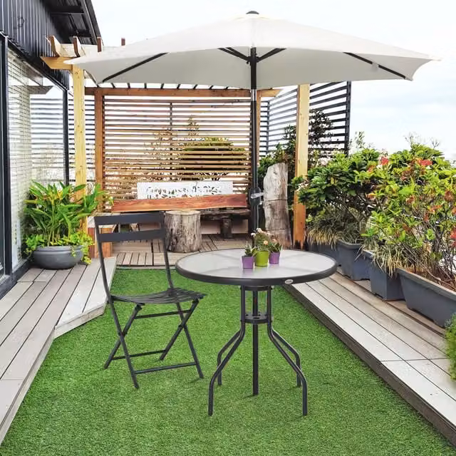 Outsunny Modern Round Bistro Outdoor Garden Table with Black Powder Coated Steel Frame and Glass Top