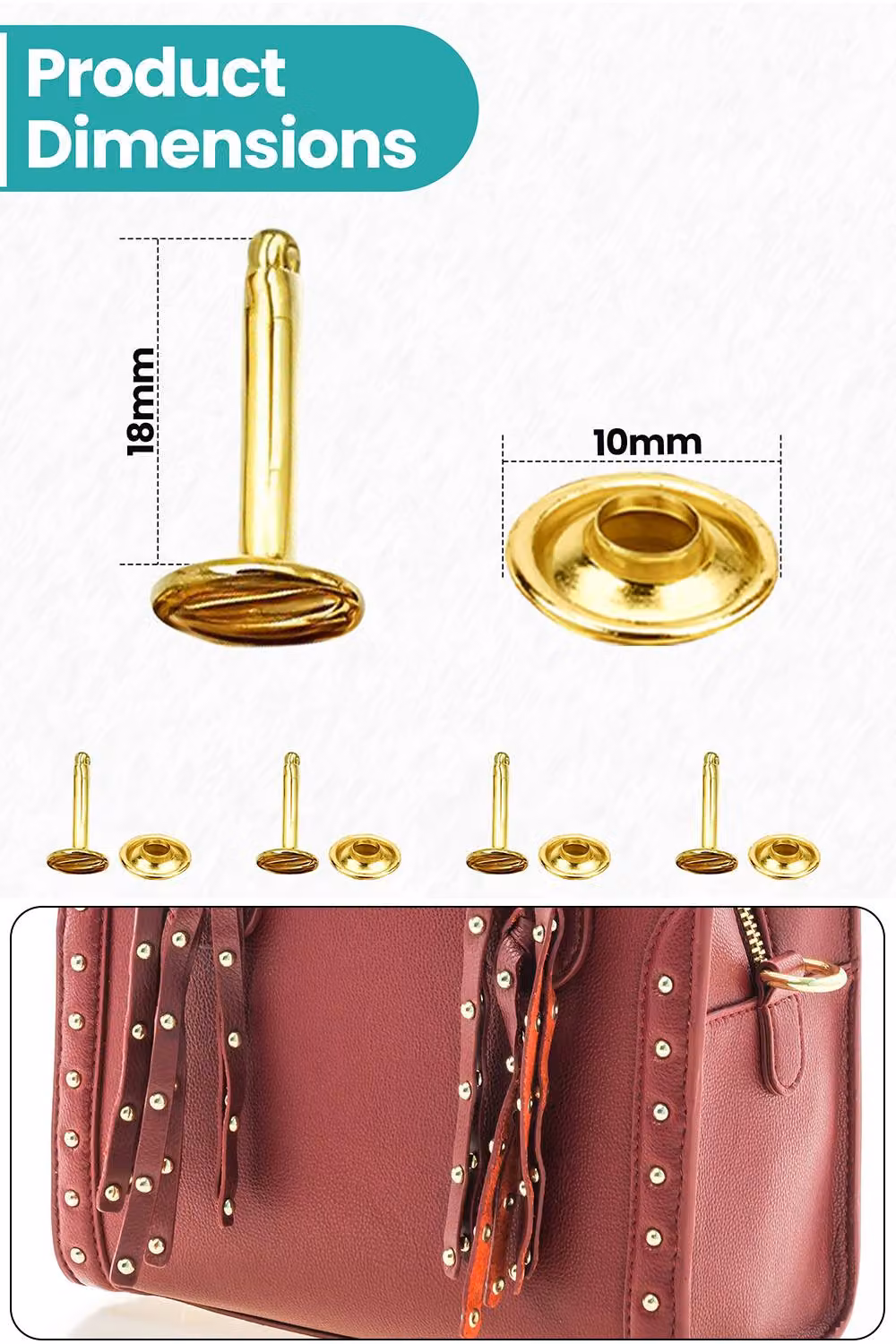 Neel Blue Gold Double Cap Rivets, Extra Long Tubular Brass Metal Studs, 50 Pieces, W: 10 mm, D: 18 mm – 2
