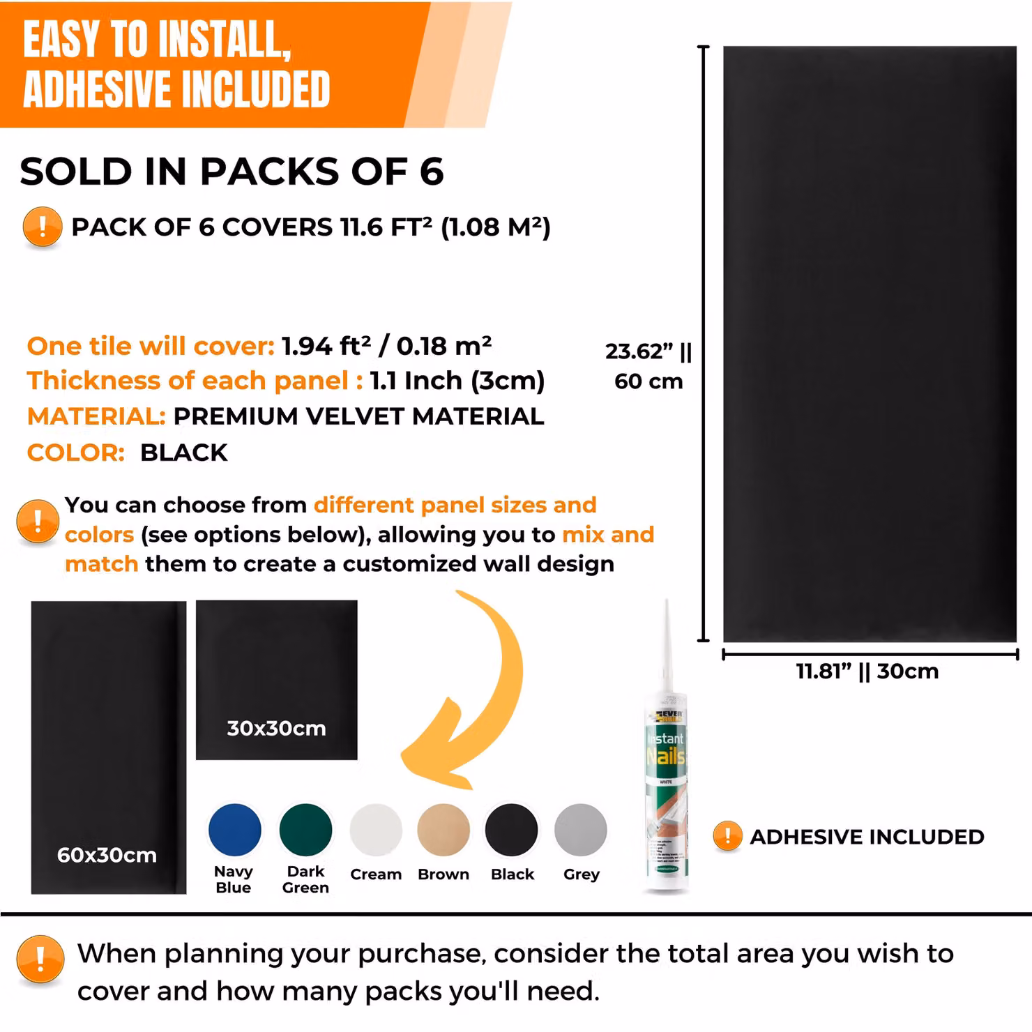 Novecrafto Set of 6 Soft Velvet Upholstered Wall Panels with Adhesive, Black, W: 60 cm, H: 30 cm – 3