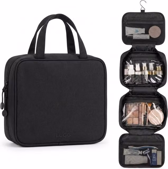 Lugg Waterproof Travel Toiletry and Makeup Bag with Hanging Hook, Black, W: 19 cm, D: 8 cm, H: 25 cm