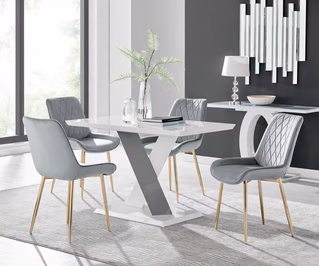 Furniturebox Monza White High Gloss Rectangular Dining Table with 4 Grey Pesaro Gold Leg Chairs