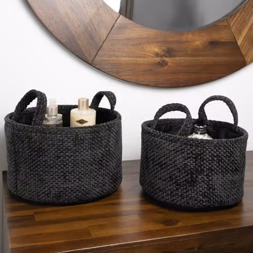 JVL Metro Set of 2 Round Fabric Storage Baskets with Handles, Black and Grey – 4