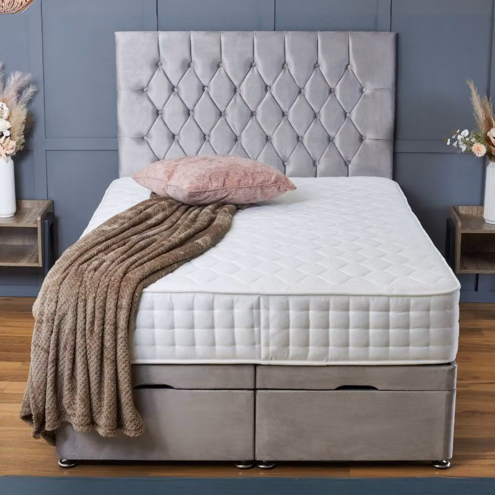 BSSPOKE Mia Ottoman Divan Bed with 54 inch Headboard and Mattress in Black Plush Velvet, W/D/H: 90 x 190 cm – 1