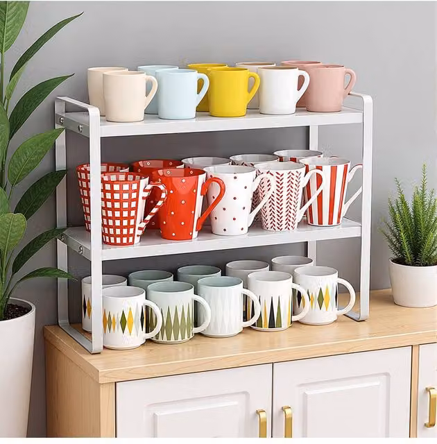 Living and Home 2-Tier Modern Wooden and Metal Tabletop Cup Storage Shelf Organiser in White – 1