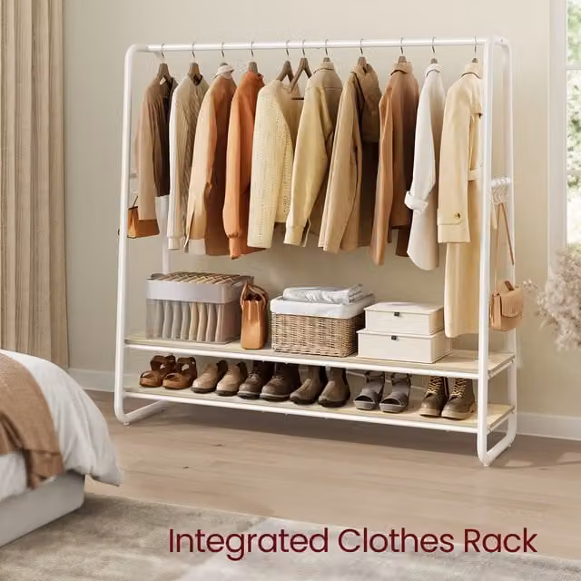 VASAGLE Industrial Clothes Rail with 2 Shelves in White