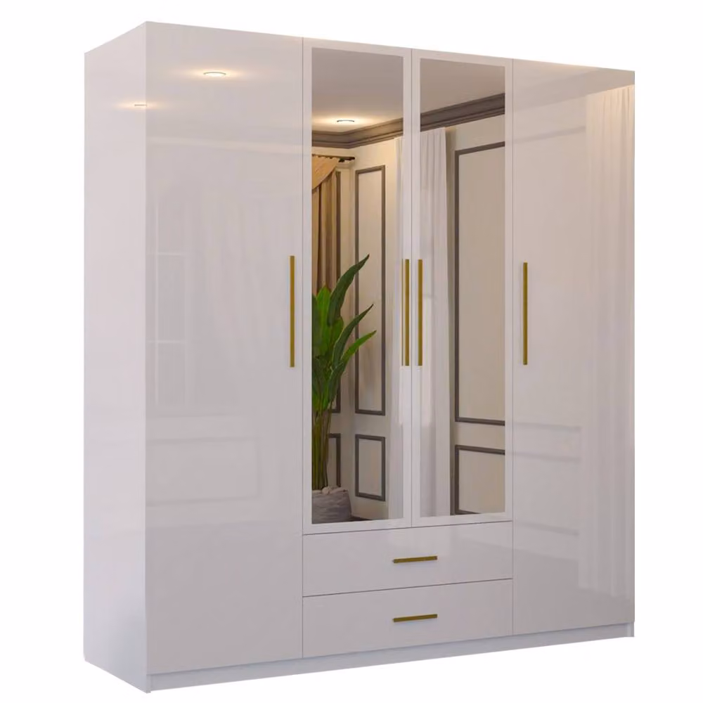 Sliding Wardrobes 4U Modern High Gloss 4 Door Mirrored Wardrobe with Gold Handles, Width: 160 cm, White – 2