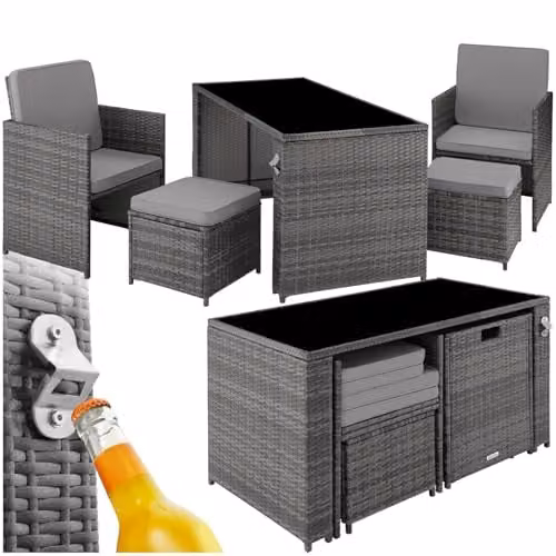 TecTake Grey Rattan Garden Furniture Set with 2 Lounge Armchairs, 2 Ottomans and 1 Glass Top Coffee Table – 1