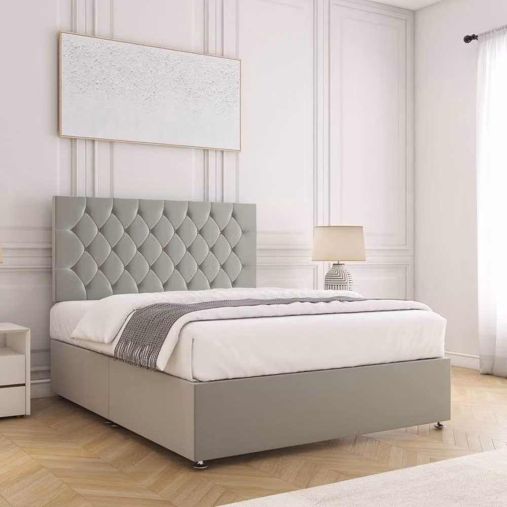 BSSPOKE Mia Super King Plush Velvet Divan Bed Set with 24 inch Headboard and Mattress in Silver