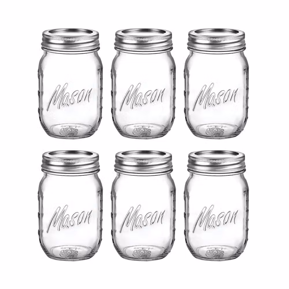Simpa Set of 6 Transparent Glass Mason Jars with Measurements and Airtight Leakproof Lids, 475 ml each