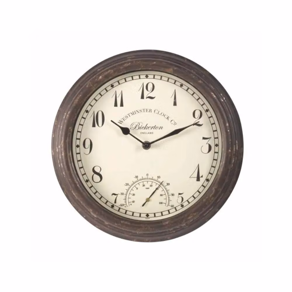 Marco Paul Bickerton Brown 12 inch Round Analog Outdoor Wall Clock and Thermometer – 2
