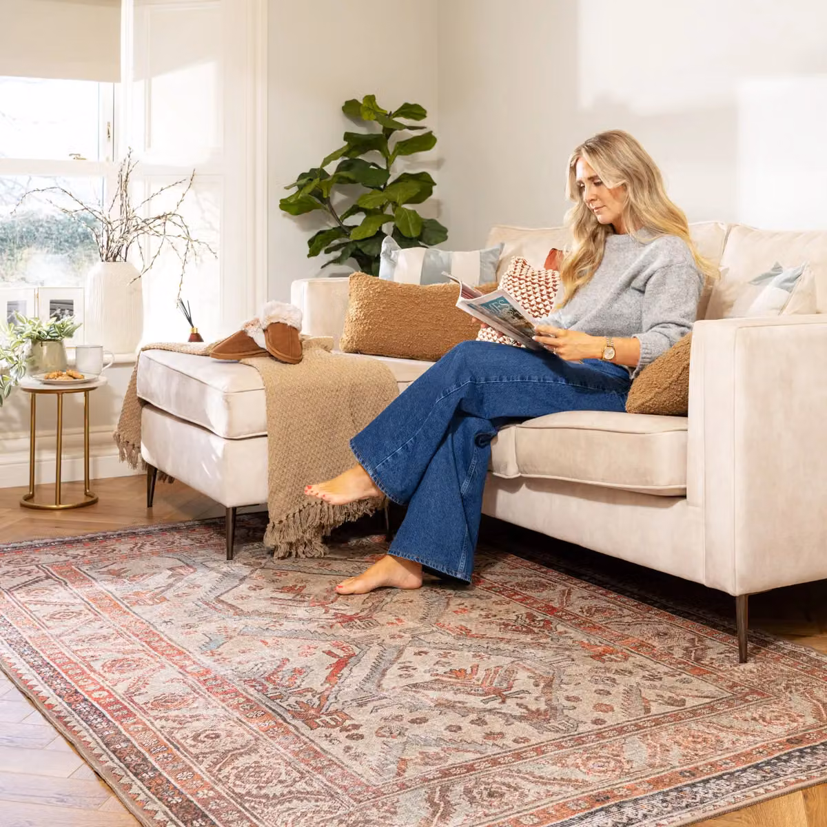 Kukoon Vintage Distressed Washable Living Room Area Rug in Beige, W: 80 cm, L: 300 cm – 2