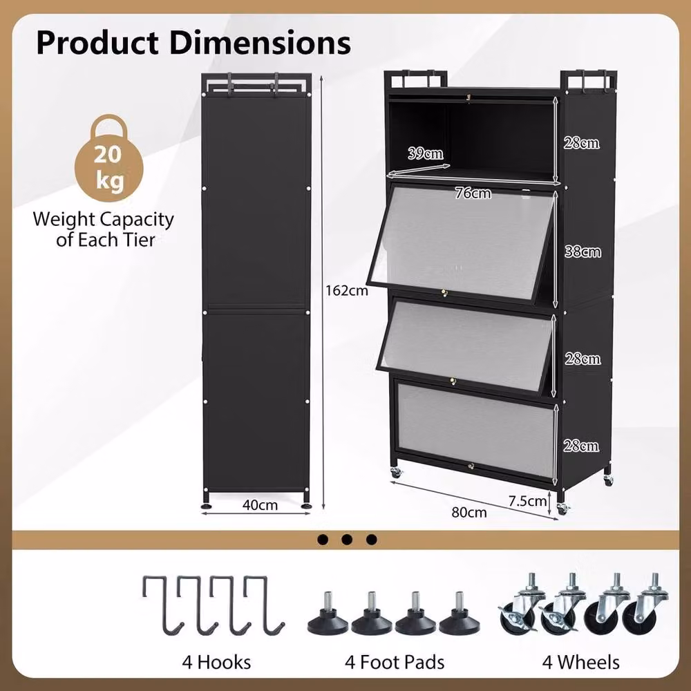 EONLION 5-Tier Modern Black Metal Kitchen Storage Cabinet with Wheels and Glass Doors – 2