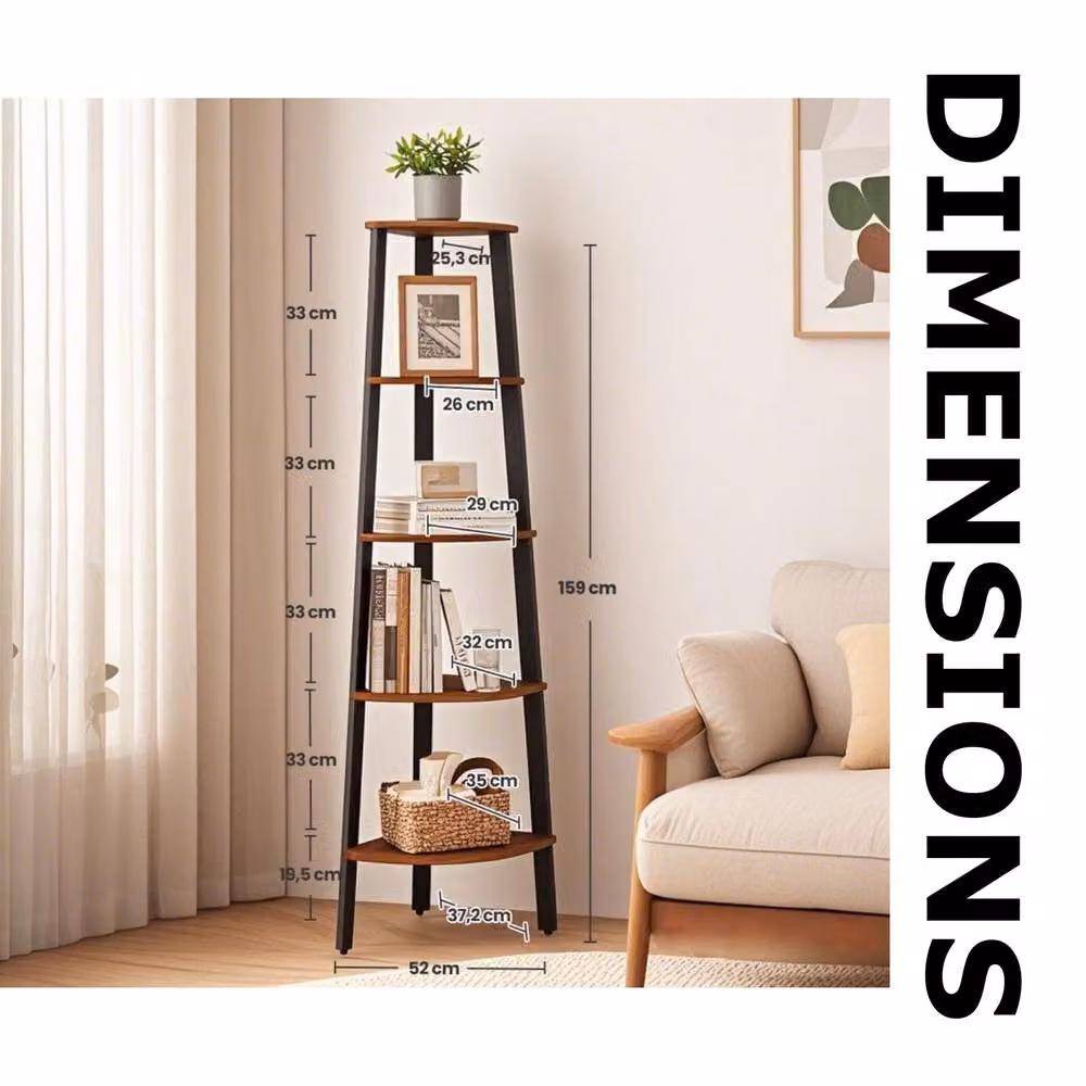 Pirlo Plush 5 Tier Industrial Freestanding Corner Shelving Unit in Brown and Black, H 159.0 cm x W 37.2 cm x D 37.2 cm – 3