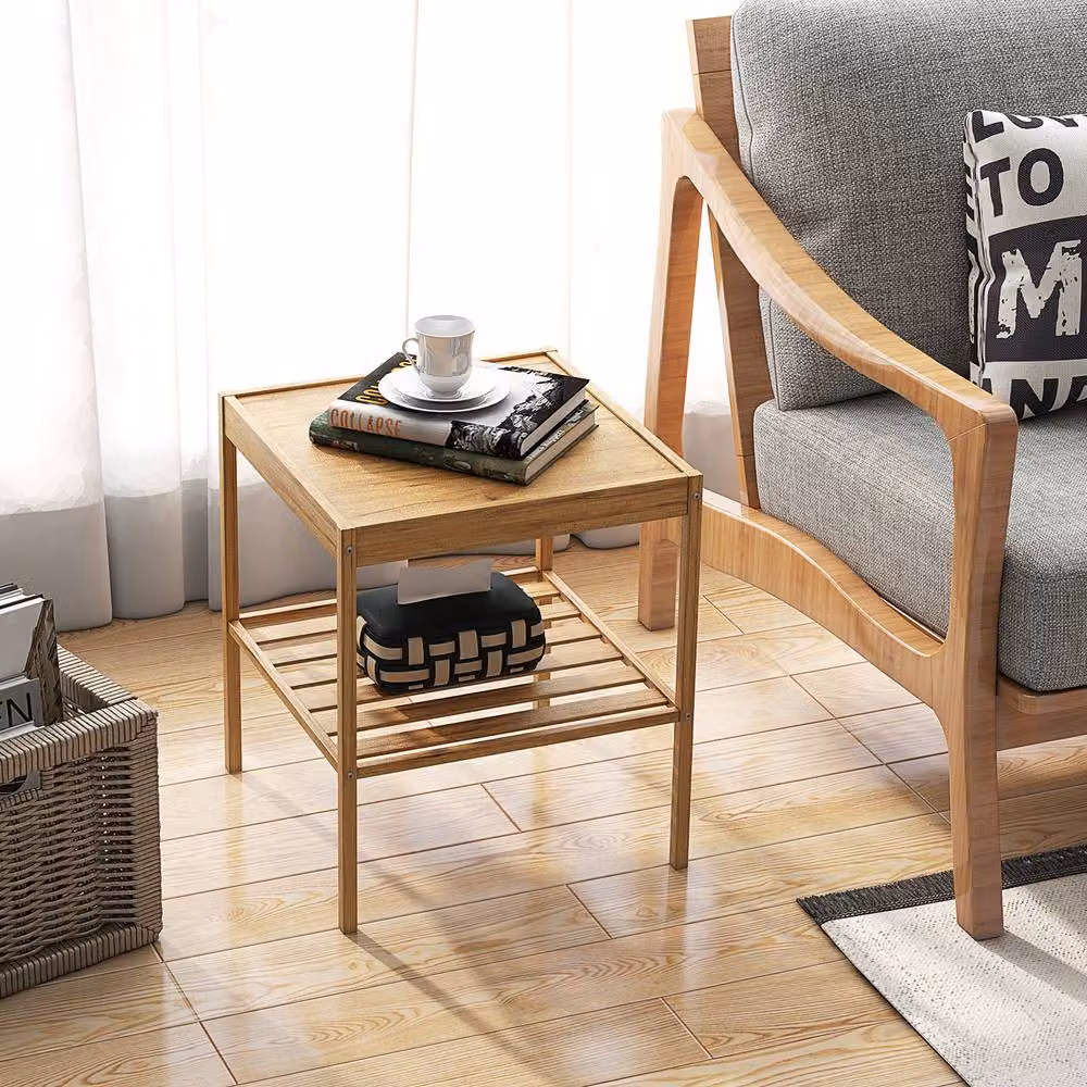 Costway Set of 2 Modern Bamboo Side Tables with Storage Shelf in Natural Brown – 3