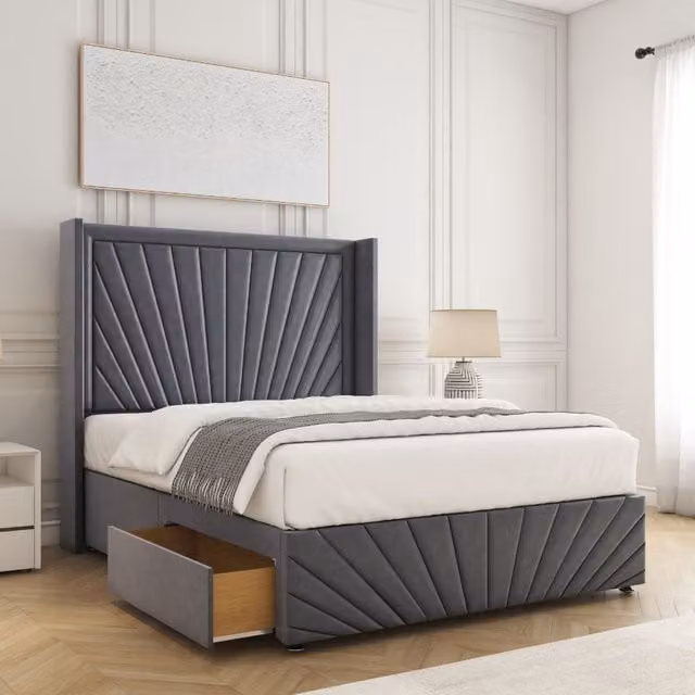 BSSPOKE Nola Double Divan Bed in Charcoal Plush Velvet with 2 Drawers and Footend