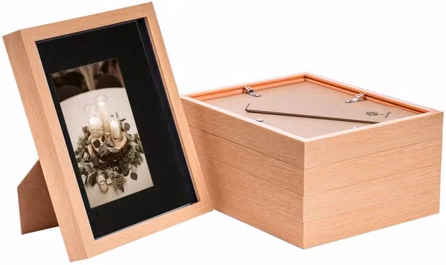 Nicola Spring Pack of 5 Rectangular 3D Box Photo Frames in Light Wood and Black, W/H: 25.4 x 20.32 cm with 4 x 6 inch Mount